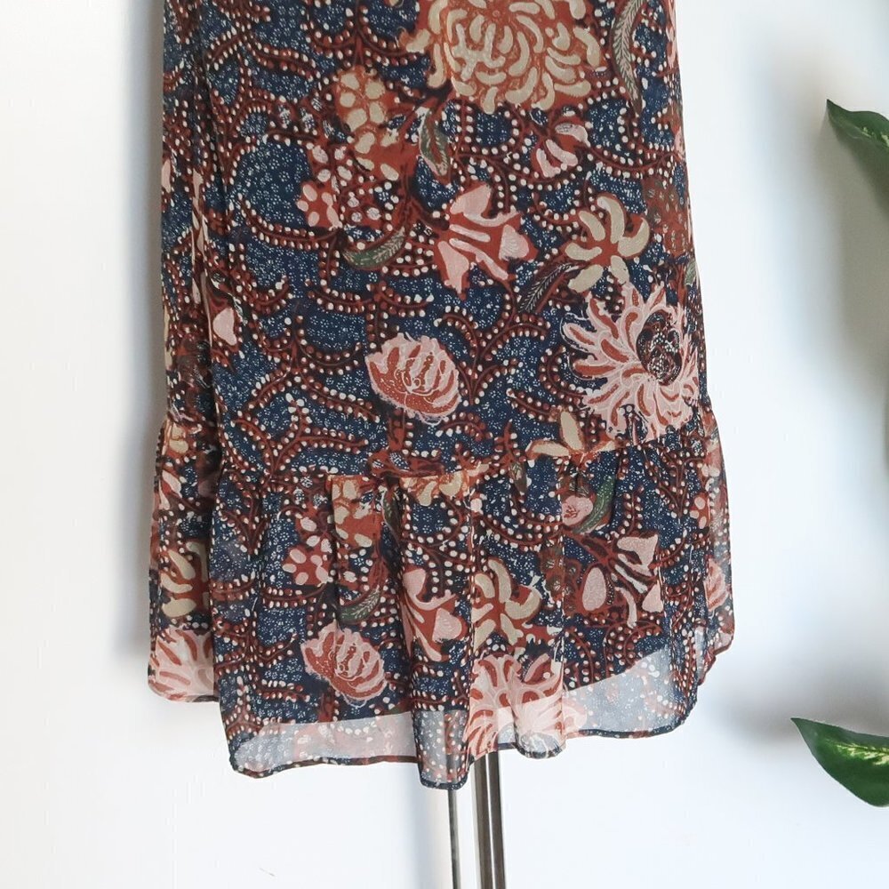 Madewell Navy & Brown V-neck Tassel Tie Flutter Sleeve Ruffle Hem Mini Dress XXS - Picture 10 of 16